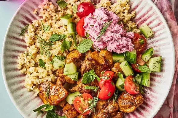 Flavorful Chicken Shawarma Bowls with Beet Tzatziki