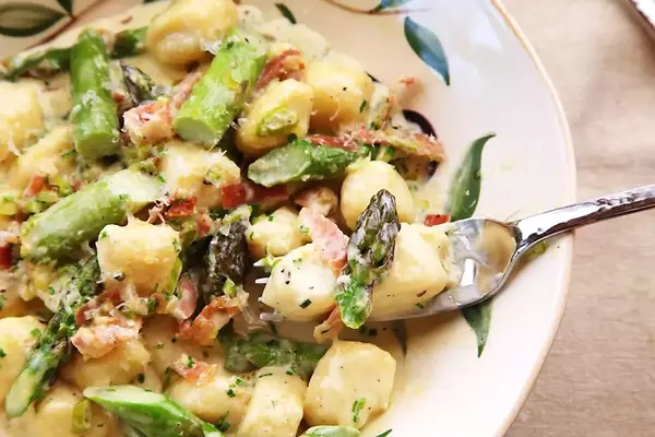 Rapid Ricotta Gnocchi with Spring Asparagus and Prosciutto Cream