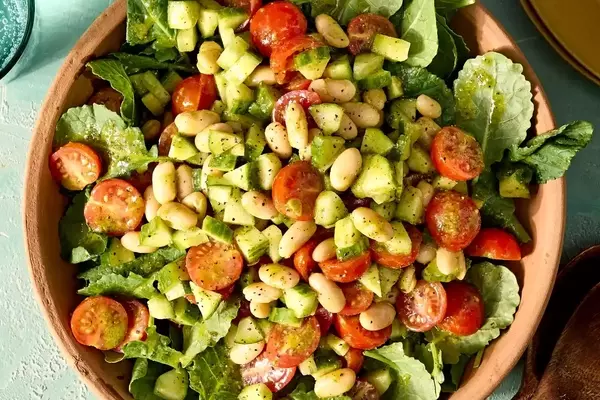 Quick and Healthy Tomato, Cucumber & White Bean Salad with Chive Vinaigrette