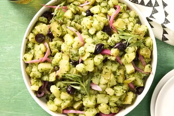 Yukon Gold Potato Salad with Tarragon Pesto and Pickled Onions