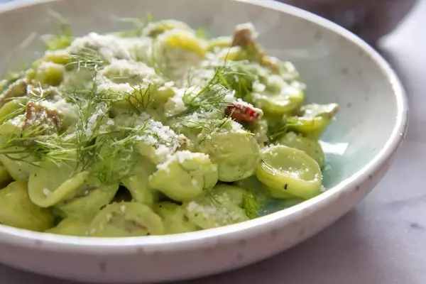 Creamy Orecchiette with Spring Onions, Fennel, and Crispy Bacon