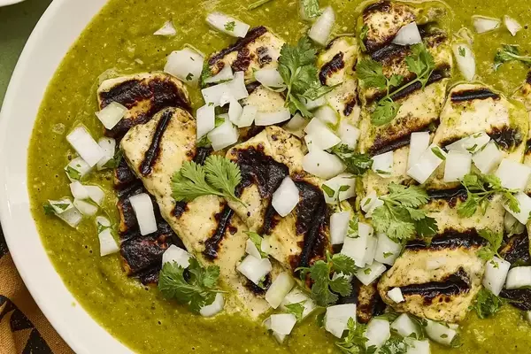 Grilled Panela Cheese with Roasted Tomatillo and Poblano Salsa