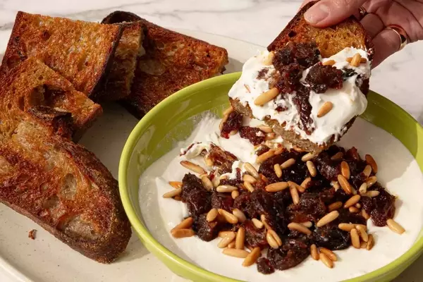 Creamy Feta Dip with Caramelized Dates and Toasted Pine Nuts